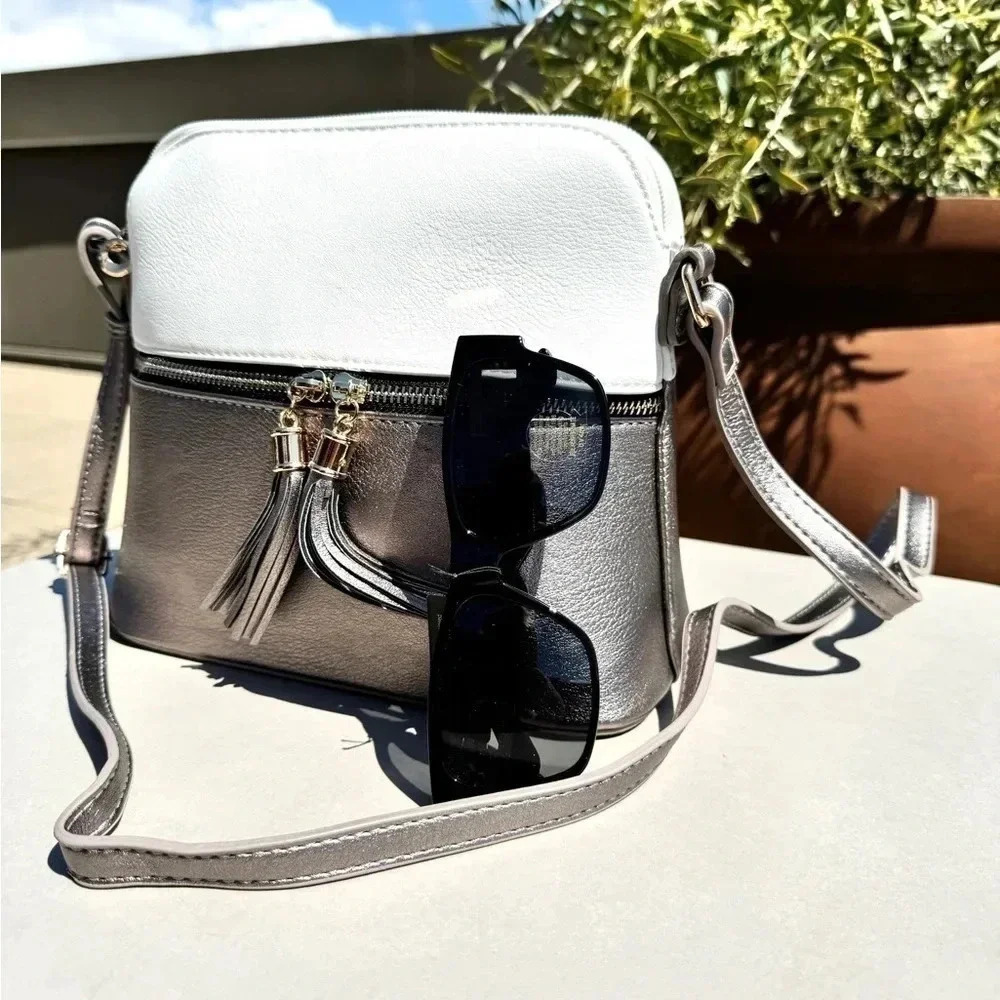 NWT Crossbody Tassel Zipper Puller Accent Two Tone Bag WHITE - Picture 11 of 12